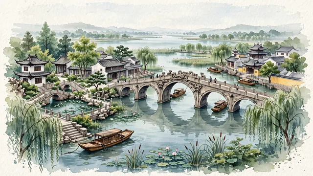 Watercolour of Qingpu, China. Centered around Zhujiajiao ancient water town with the five-arched Fangsheng Bridge over Caogang River, classical Kezhi Garden pavilions, and Dianshan Lake. Featuring Fangsheng Bridge and Zhujiajiao.