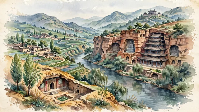 Watercolour of Qingyang, China. Centered around Mount Donghuashan Beishiku Temple grottoes, traditional yaodong cave dwellings of the Loess Plateau, and the Huanjiang River canyon, with Northern Stone Grottoes and Mount Donghuashan and Zhouzu Mausoleum.