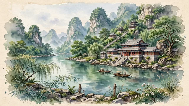 Watercolour of Qingyuan, China. Centered around Feilai Temple on the forested banks of the Beijiang River canyon, Feixia Scenic Area Taoist pavilions, and karst peaks, with Feilai Temple and Feixia Scenic Area.