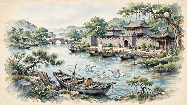 Watercolour of Qinzhou, China. Centered around Sanniang Bay coastal waters with Chinese white dolphins, the historic Former Residence of Liu Yongfu (Sancheng Hall), and the Qinjiang River. Featuring Sanniang Bay and Sancheng Hall.