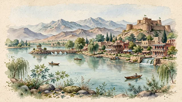Watercolour of Quetta, Pakistan. Centered around Hanna Lake turquoise waters against rugged Chiltan and Zarghoon mountains, Quetta Fort, and historic sandstone bazaars, with Hanna Lake and Quetta Fort.