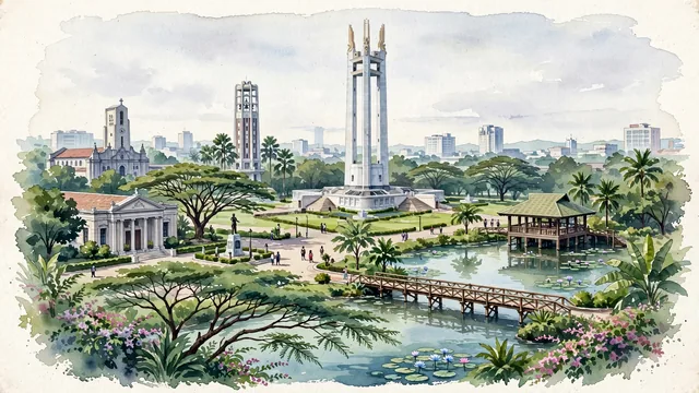 Watercolour of Quezon City, Philippines. Centered around Quezon Memorial Shrine with three 66-meter marble pylons, University of the Philippines Diliman carillon, and Ninoy Aquino Parks lagoon. Featuring Quezon Memorial Shrine and Palma Hall and Melchor Hall.