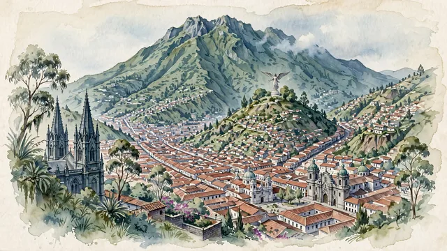 Watercolour of Quito, Ecuador. The historic Andean capital nestled at the foot of Pichincha volcano, with Virgin of Quito and Basilica of the National Vow.