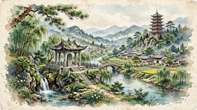 Watercolour of Qujing, China. Centered around The Source of the Pearl River on Mount Maxiong, Cuan Baozi Stele pavilion, and Liaokuo Mountain's Jingning Tower, with Source of the Pearl River and Jingning Tower.