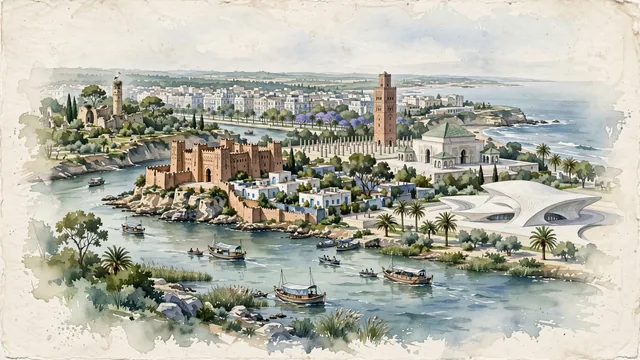 Watercolour of Rabat, Morocco. The coastal "Green City" and royal capital, with Kasbah of the Udayas and Hassan Tower.
