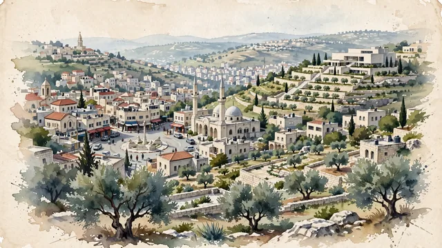 Watercolour of Ramallah, Palestine. Nestled in the central Judean Mountains of the West Bank, with Manara Square and Palestinian Museum.