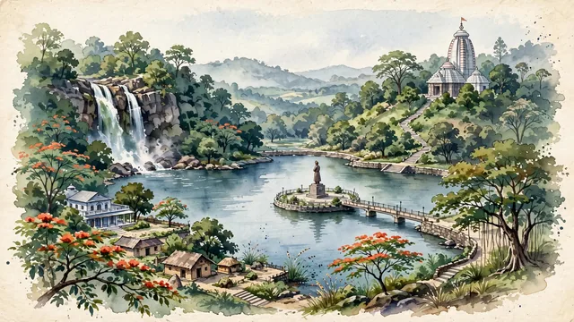 Watercolour of Ranchi, India. Centered around Jagannath Temple perched on a green hillock, Ranchi Lake with stone pathways, and the Subarnarekha River waterfalls. Featuring King Ani Nath Shahdeo and Ranchi Lake.
