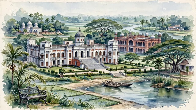 Watercolour of Rangpur, Bangladesh. Centered around Tajhat Palace with neoclassical white-and-red facade, Carmichael College, and the Ghaghat River. Featuring Tajhat Palace and Carmichael College's.