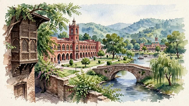 Watercolour of Rawalpindi, Pakistan. Centered around Raja Bazaar with wooden carved balconies, historic Gordon College, and the Lai Nullah stream near Ayub National Park. Featuring Raja Bazaar and Purana Qila and Gordon College.