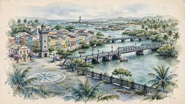 Watercolour of Recife, Brazil. Centered around Recife Antigo with colorful colonial townhouses on Praça Rio Branco, Capibaribe River bridges, and coastal coral reefs. Featuring Praça Rio Branco and Maurício de Nassau and Santa Isabel.