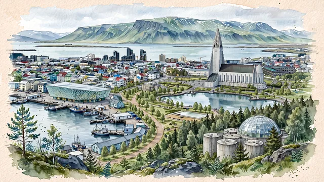Watercolour of Reykjavík, Iceland. The world's northernmost sovereign capital, with Hallgrímskirkja and Harpa Concert Hall.
