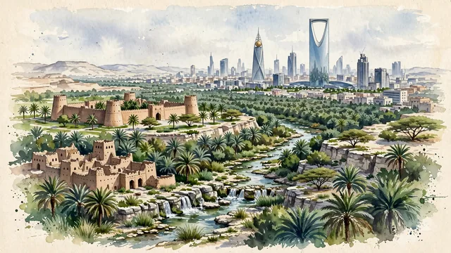 Watercolour of Riyadh, Saudi Arabia. Situated in the Najd plateau, with Kingdom Centre and Faisaliah Tower.