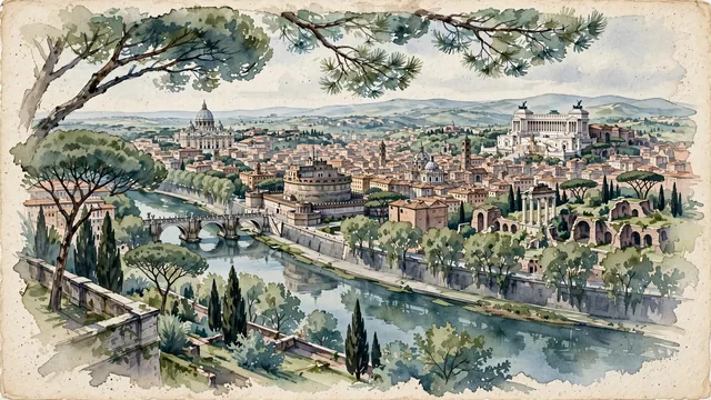 Watercolour of Rome, Italy. The city unfolding across its historic hills and valleys along the sweeping bends of the Tiber River (Tevere), with St. Peter's Basilica and Tiber River.