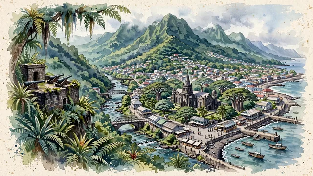 Watercolour of Roseau, Dominica. The "Nature Island" capital, with Morne Bruce and Roseau River.