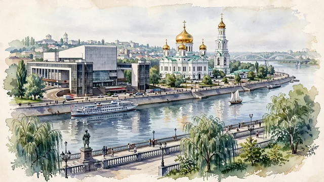 Watercolour of Rostov-on-Don, Russia. Centered around The Don River embankment with sailing vessels, the Cathedral of the Nativity of the Blessed Virgin Mary, and the Gorky Drama Theatre. Featuring Cathedral of the Nativity of the Blessed Virgin Mary and Don River.