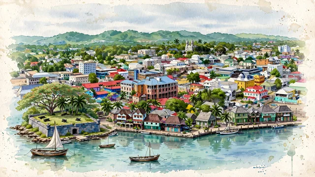 Watercolour of Saint John's, Antigua and Barbuda. The historic port on Saint John's Harbour, with Saint John's Cathedral and Redcliffe Quay.