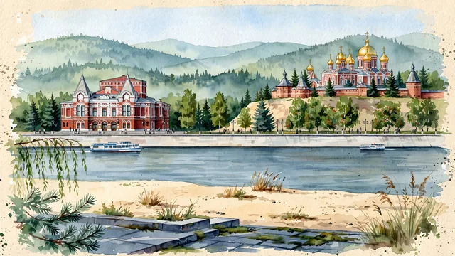 Watercolour of Samara, Russia. Centered around The Volga River embankment with sandy beaches, Samara Drama Theatre on Chapaev Square, and the Iversky Women's Monastery. Featuring Samara Volga Embankment and Samara Academic Drama Theatre.