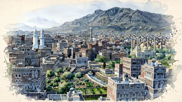 Watercolour of Sanaa, Yemen. Old Sanaa in its high mountain valley, with Old Sanaa and Al-Saleh Mosque.