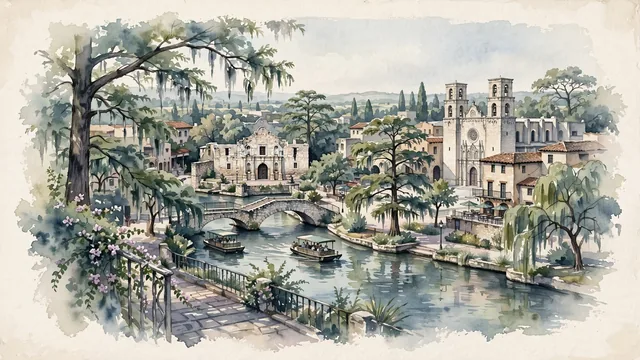 Watercolour of San Antonio, United States. Centered around The Alamo limestone church, the cypress-lined San Antonio River Walk with arched stone bridges, and San Fernando Cathedral. Featuring Alamo and San Antonio River Walk.