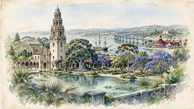 Watercolour of San Diego, United States. Centered around Balboa Park with the California Building tower and lily pond, San Diego Bay with historic sailing ships, and Coronado Bridge. Featuring California Building and Tower and San Diego-Coronado Bay Bridge.