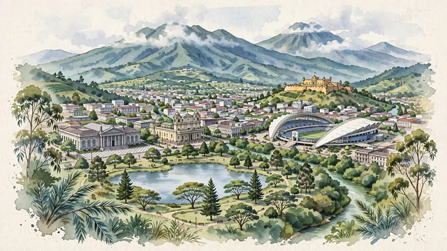 Watercolour of San José, Costa Rica. Nestled in the fertile Central Valley (Valle Central), with National Theatre of Costa Rica and Metropolitan Cathedral of San José.