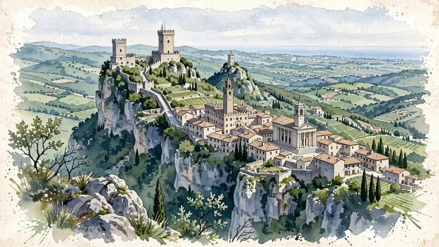 Watercolour of San Marino, San Marino. The ancient microstate perched on Monte Titano, with Three Towers of San Marino and Passo.