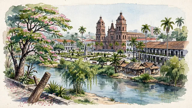 Watercolour of Santa Cruz de la Sierra, Bolivia. Centered around Basílica Menor de San Lorenzo on Plaza 24 de Septiembre, wooden-pillared colonial verandas, and the Piraí River, with Basílica Menor de San Lorenzo and Plaza.