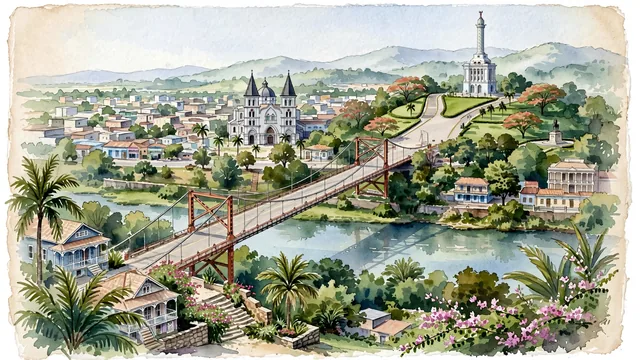 Watercolour of Santiago de los Caballeros, Dominican Republic. Centered around Monument to the Heroes of the Restoration on a green hill, Yaque del Norte River, and Saint James the Apostle Cathedral, with Heroes of the Restoration and Saint James the Apostle Cathedral.