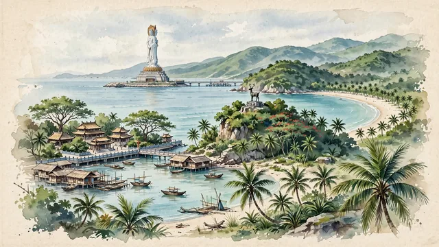 Watercolour of Sanya, China. Centered around Nanshan Temple with the 108-meter Guanyin of the South Sea rising from the ocean, Luhuitou Peninsula, and Yalong Bay. Featuring Guanyin of the South Sea and Sanya Bay and Phoenix Island.