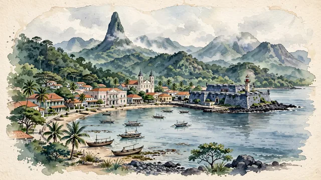 Watercolour of São Tomé, São Tomé and Príncipe. On Ana Chaves Bay, the equatorial island capital, with Fort of São Sebastião and Cathedral of Our Lady of Grace.