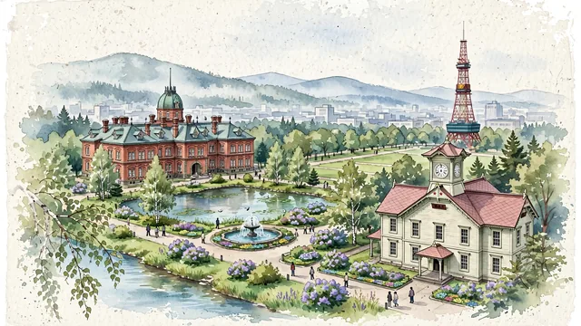 Watercolour of Sapporo, Japan. Centered around Odori Park with the Sapporo TV Tower, the historic red-brick Former Hokkaido Government Office, and the Sapporo Clock Tower. Featuring Odori Park and Former Hokkaido Government Office.