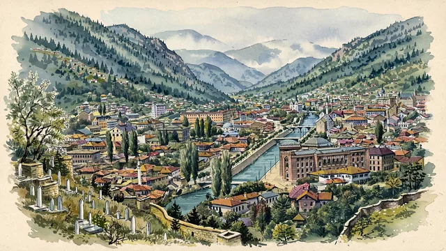 Watercolour of Sarajevo, Bosnia and Herzegovina. Situated in its narrow mountain valley, with Baščaršija and Gazi Husrev-beg Mosque.