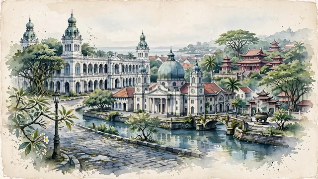 Watercolour of Semarang, Indonesia. Centered around Lawang Sewu (Building of a Thousand Doors), the historic red-domed Blenduk Church in Kota Lama, and Sam Poo Kong Temple, with Lawang Sewu and Gereja Blenduk.
