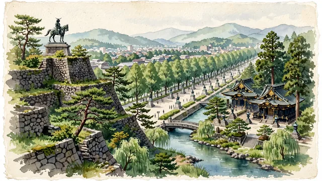 Watercolour of Sendai, Japan. Centered around Aoba Castle ruins with the equestrian statue of Date Masamune, Osaki Hachiman Shrine, and the lush zelkova trees of Jozenji-dori. Featuring Aoba Castle and Osaki Hachiman Shrine.