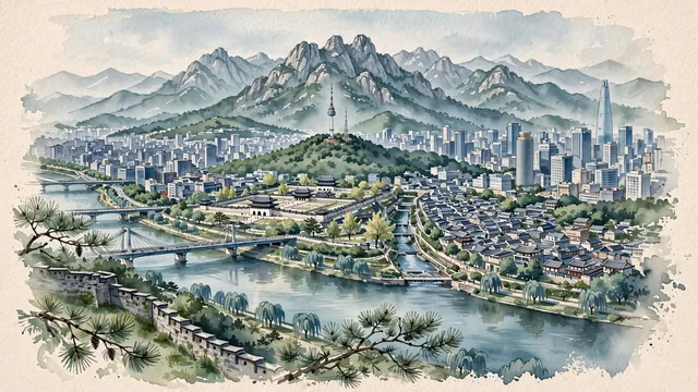 Watercolour of Seoul, South Korea. Cradled by granite mountain ridges and the Han River, with N Seoul Tower and Joseon.