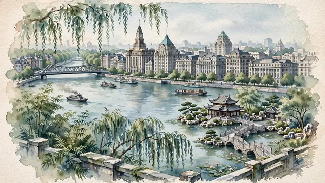 Watercolour of Shanghai, China. Centered around The historic European stone architecture of The Bund reflecting across the Huangpu River, and the classic gardens of Yu Garden, with Bund and Yu Garden.