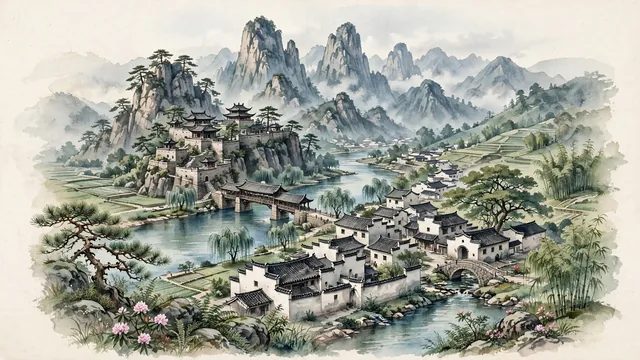 Watercolour of Shangrao, China. Centered around Mount Sanqingshan granite peaks and Taoist temple pavilions, Xinjiang River waterfront, and Wuyuan countryside hamlets, with Mount Sanqingshan and Xinjiang River.