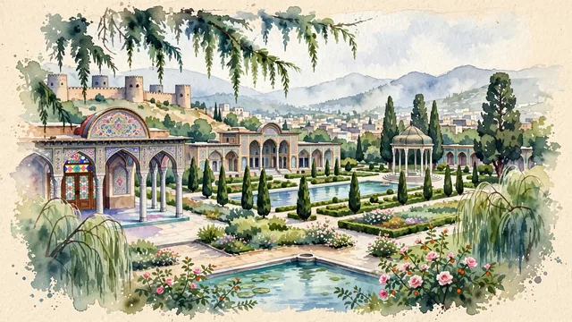 Watercolour of Shiraz, Iran. Centered around Nasir al-Mulk Mosque (Pink Mosque) with stained glass and carved columns, Tomb of Hafez in cypress gardens, and Eram Garden. Featuring Nasir and Tomb of Hafez.