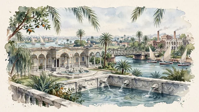 Watercolour of Shubrā al Khaymah, Egypt. Centered around Muhammad Ali's historic Shubra Palace with its marble fountain pavilion, the Ismailia Canal, and the Nile riverbank. Featuring Saray Al-Faskiya and Ismailia Canal.