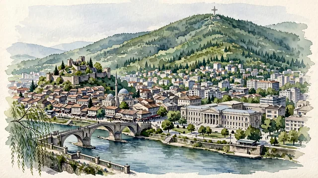 Watercolour of Skopje, North Macedonia. Centered along the Vardar River beneath Mount Vodno, with Ottoman Stone Bridge and Skopje Fortress.