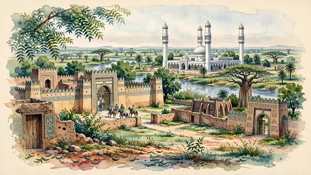 Watercolour of Sokoto, Nigeria. Centered around The Sultan of Sokoto's Palace, the monumental Sultan Bello Mosque, and the historic earthen city gates, with Palace of the Sultan of Sokoto and Sultan Bello Mosque.