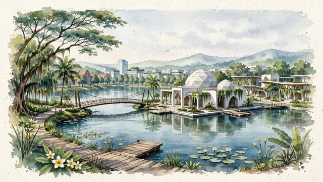 Watercolour of South Tangerang, Indonesia. Centered around Modern garden city waterways of BSD City, the floating mosque of Al-Hakim, and shady tropical boulevards near Situ Gintung lake, with Situ Gintung and BSD Green Office Park and The Breeze.