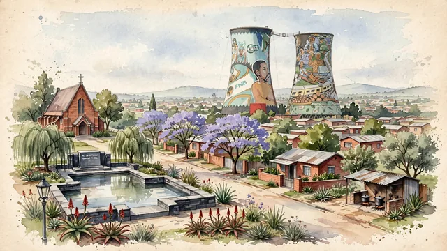 Watercolour of Soweto, South Africa. Centered around The landmark Orlando Cooling Towers with vibrant murals, Vilakazi Street heritage homes, and the Hector Pieterson Memorial. Featuring Orlando Cooling Towers and Archbishop Desmond Tutu.