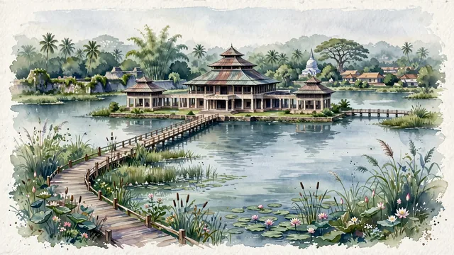 Watercolour of Sri Jayewardenepura Kotte, Sri Lanka. Kotte, the island parliament capital set within serene wetlands, with Parliament of Sri Lanka and Diyawanna Lake.