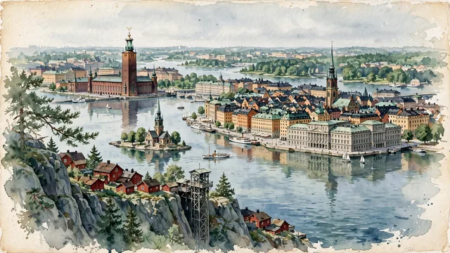 Watercolour of Stockholm, Sweden. The "Beauty on the Water", with Stockholm City Hall and Gamla Stan.