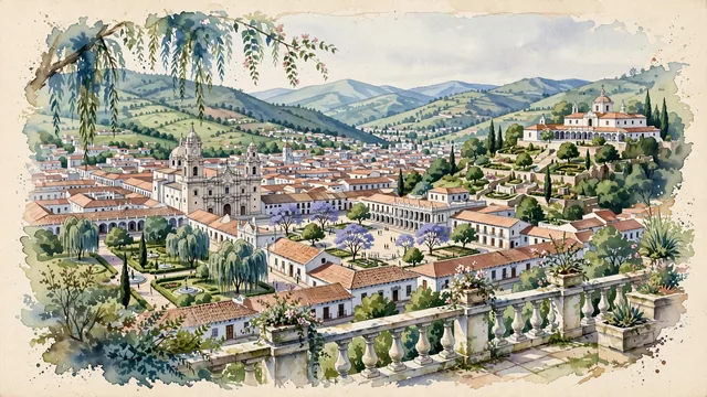 Watercolour of Sucre, Bolivia. The historic constitutional capital known as the "White City" (La Ciudad Blanca), with Convent of San Felipe Neri and Metropolitan Cathedral of Sucre.