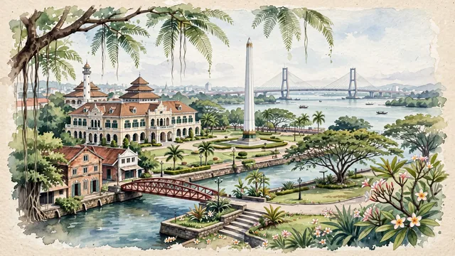 Watercolour of Surabaya, Indonesia. Centered around The Heroes Monument (Tugu Pahlawan), historic Dutch-colonial Hotel Majapahit, and the red Suramadu Bridge, with Heroes Monument and Hotel Majapahit.