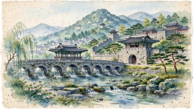 Watercolour of Suwon, South Korea. Centered around UNESCO Hwaseong Fortress with Janganmun Gate and Hwahongmun sluice gate, and Hwaseong Haenggung palace. Featuring Hwaseong Fortress and Janganmun Gate.