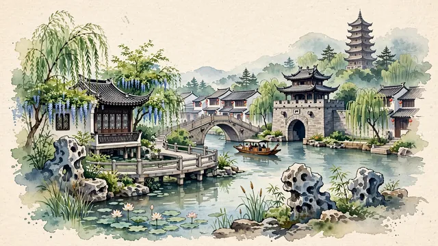 Watercolour of Suzhou (Jiangsu), China. Centered around The Humble Administrator's Garden (Zhuozheng Yuan), Panmen Gate water-and-land gate, and Shantang Street canals, with Humble Administrator's Garden and Panmen Gate.