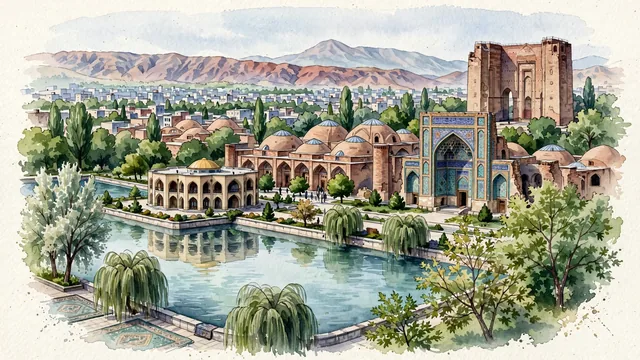 Watercolour of Tabriz, Iran. Centered around The UNESCO Tabriz Historic Bazaar Complex, the turquoise-tiled Blue Mosque (Goy Masjed), and the brick Arg of Tabriz, with UNESCO World Heritage Tabriz Historic Bazaar Complex and Blue Mosque.